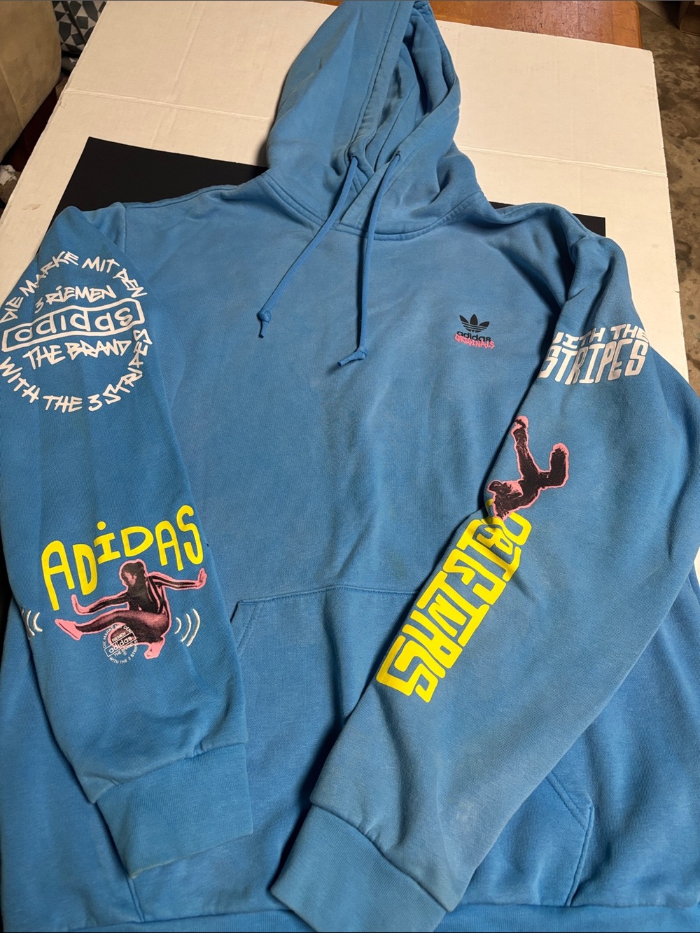adidas Blue Pullover Hoodie with Yellow Sleeve Graphics